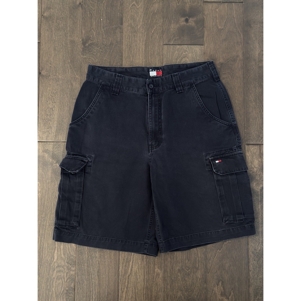 Vintage Tommy Hilfiger Mens Navy Blue Cargo Pocket Flag Logo Shorts Size 31W Y2K